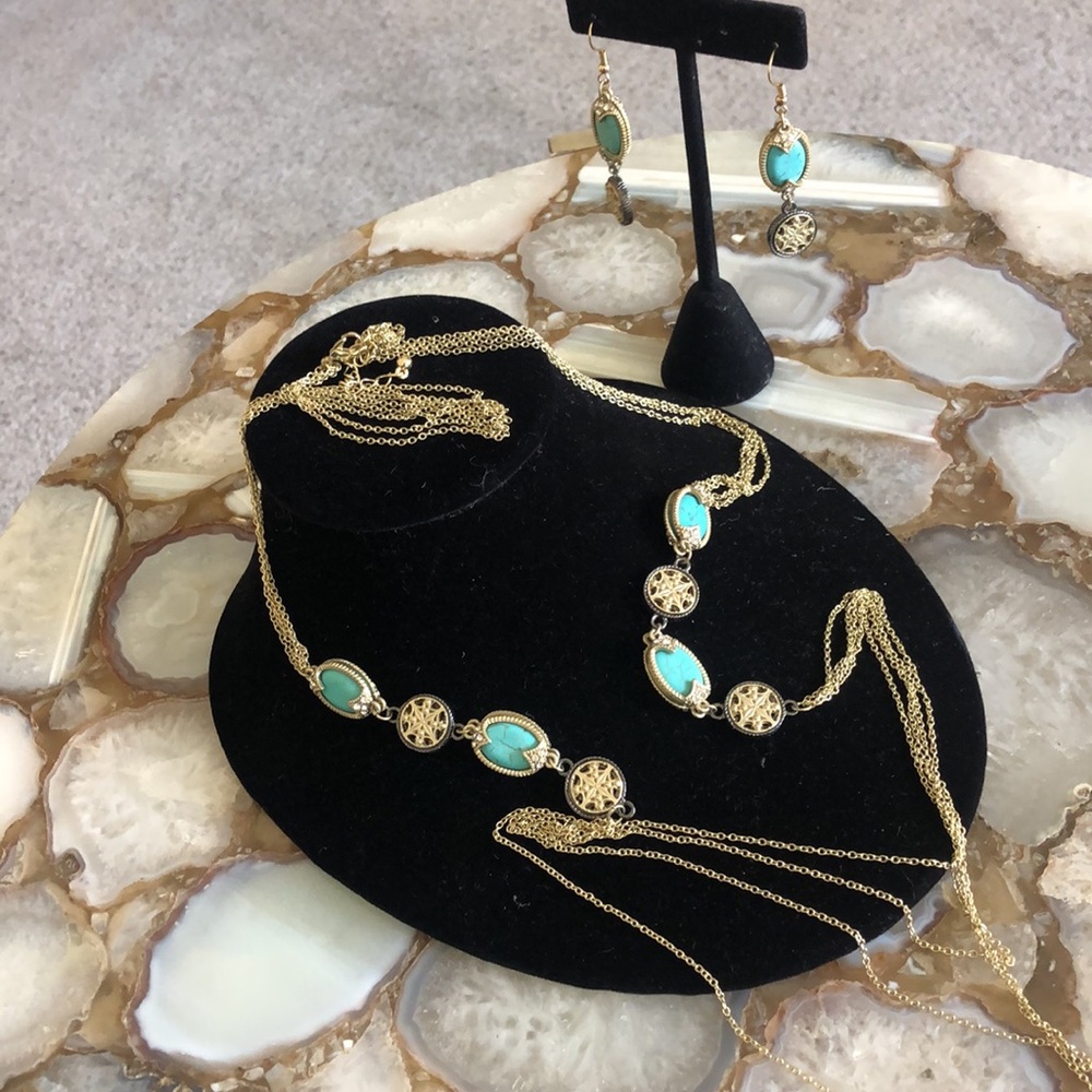Long Gold Necklace & Earrings Set with Turquoise-Boutique